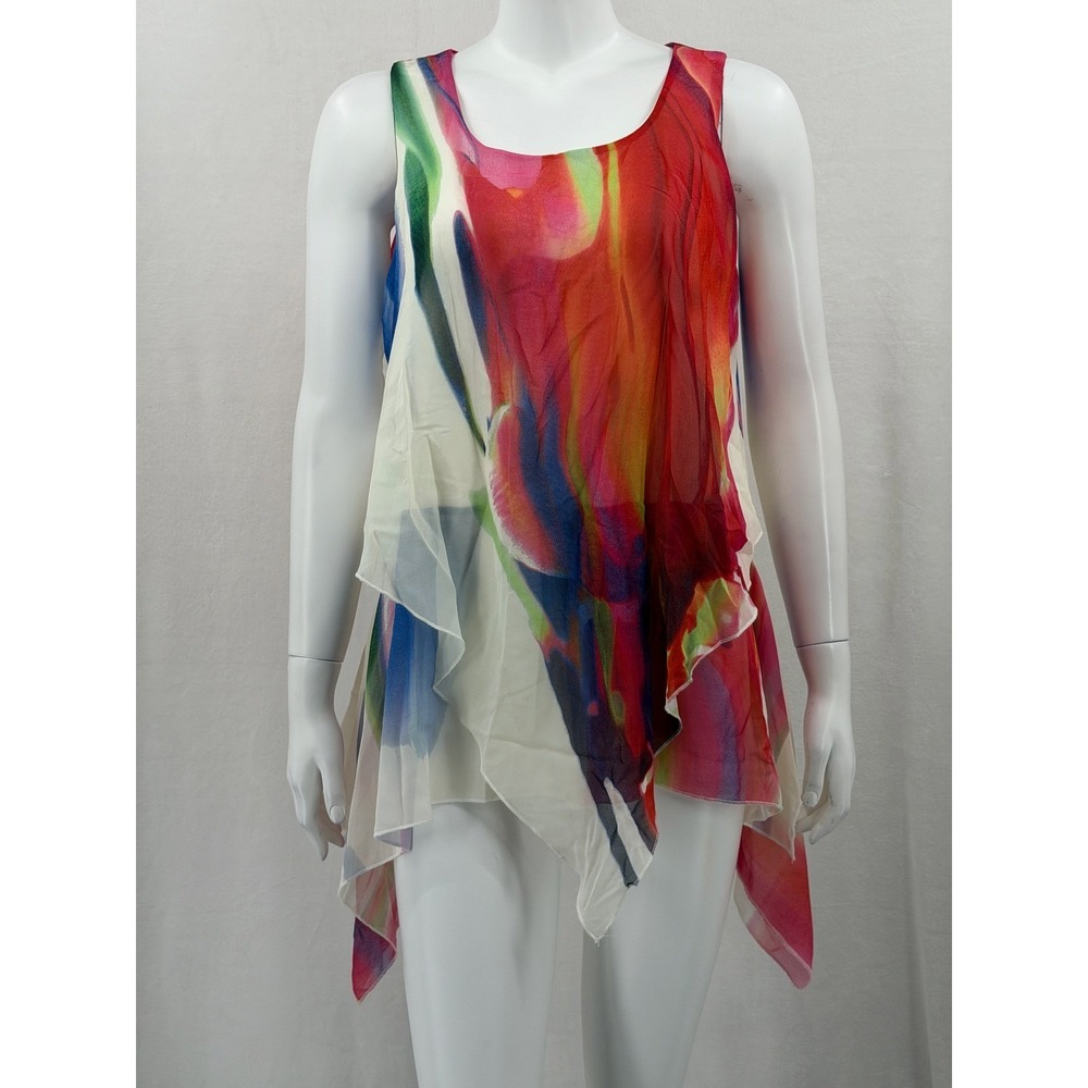Feratelli Top Women Small Cream Multicolor Tank Abstract Watercolor Tiered Artsy
